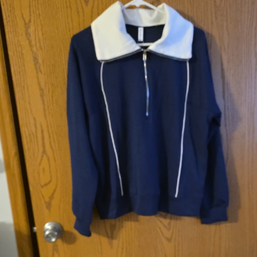 Navy Blue Athletic Half Zip Jacket with White Collar